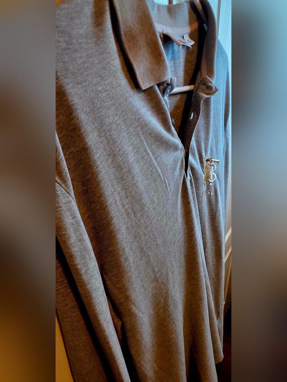 Burberry Men's XL Light Gray Long-Sleeve Polo Shirt with Logo Mashup.TB & Knight